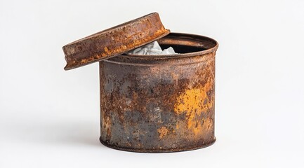Rusty metal tin can, open lid, crumpled paper inside