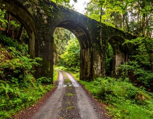 A weathered stone archway frames a dirt road winding through a vibrant, verdant forest. Sunlight filters through the lush foliage