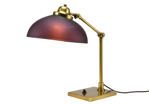 Isolated brass desk lamp with adjustable arm and purple lampshade on seamless background