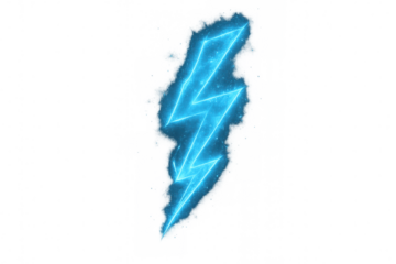 Glowing blue lightning bolt symbol representing electric power, energy, sudden impact, and strength on transparent background