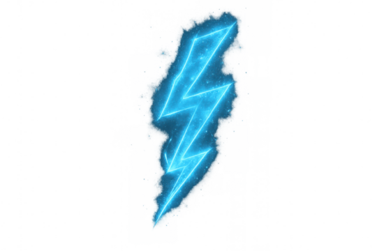 Glowing blue lightning bolt symbol representing electric power, energy, sudden impact, and strength on transparent background