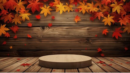Autumn maple leaves on wooden table, isolated autumn product stand, beautiful.