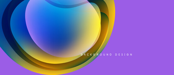Abstract fluid shapes overlap, creating vibrant color gradients. Purple background complements blue, yellow hues. Modern design element.
