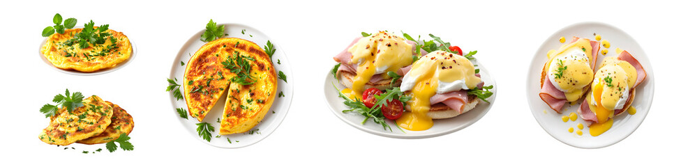 Set of delicious breakfast dishes with eggs on a white background.