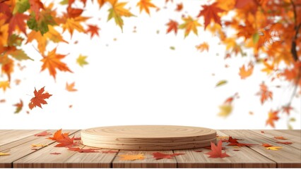 Autumn maple leaves on wooden table, isolated autumn product stand, beautiful.