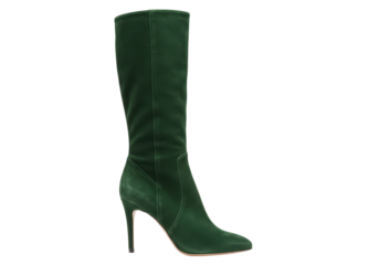 Isolated green stiletto heel boot in a modern fashion style with a pointed toe shape design