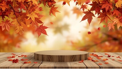 Autumn maple leaves on wooden table, isolated autumn product stand, beautiful.