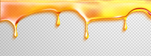 Oil melt gooey honey caramel with drip, flow vector and syrup background. Sweet product or maple droplet. Golden splash design for food or cosmetic layout.
