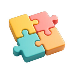 Connected 3D jigsaw puzzle pieces in four pastel colors on black background