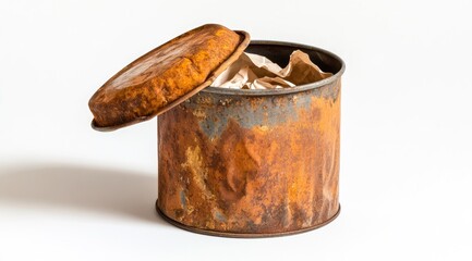 Rusty metal tin can with lid open
