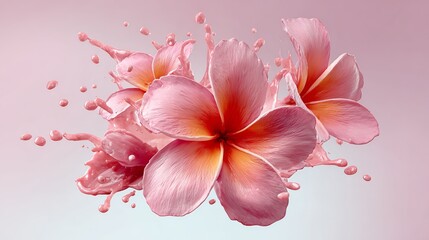 Close up of a pink flower with a splash of pink paint. The flower is surrounded by pink paint splatters, giving the impression of a burst of color. Scene is vibrant and lively