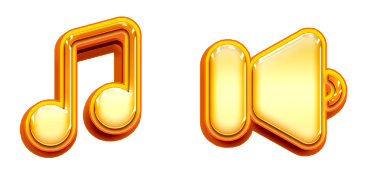 Glossy 3D Music Note and Speaker Icon Set in Yellow and Orange, Symbolizing Audio, Sound, and Media Player Controls, as shiny UI buttons, as a Transparent PNG