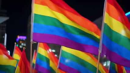 Numerous rainbow flags waving against a nighttime city backdrop, showcasing the vibrant colors and textures of the fabric, captured in a medium shot, conveying celebration and visibility. - Powered by Adobe