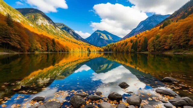 Autumn mountain lake with vibrant orange trees and reflection