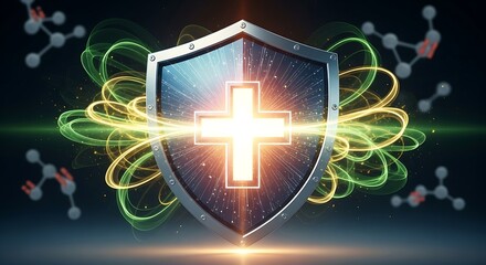 Glowing christian cross shield protected by energetic aura and molecular structures symbolizing faith and divine protection