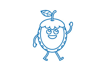 Blue outline of cheerful acorn character with a leaf walking and waving hello
