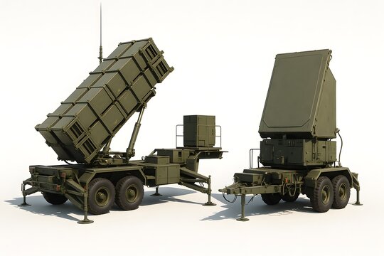 Realistic 3D Patriot Missile Defense System Launcher and Radar Unit on White Background