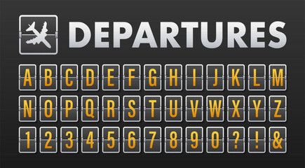 Airport departures board displaying flip alphabet and numbers
