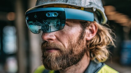 Construction worker wearing augmented reality goggles focuses on digital overlay, showcasing modern technology in a bustling work environment
