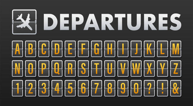 Airport departures board displaying flip alphabet and numbers