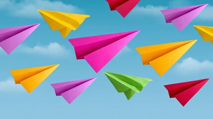 Fototapeta premium Bunch of colorful paper airplanes flying in the sky. Concept of freedom and joy, as the paper planes soar through the air. The vibrant colors of the planes add to the cheerful atmosphere