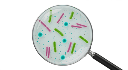 Bacteria under a magnifying glass close up view on transparent background, png