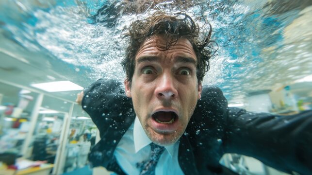 A man in a suit is underwater and it is in shock. Concept of danger and fear, as the man is in a situation that is not typical for someone wearing a suit