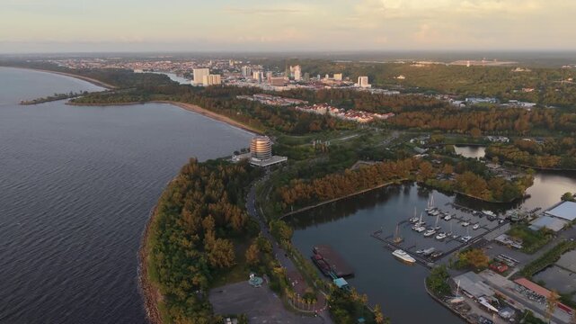 Miri Coastal Aerial Footage &ndash; Jeti Miri Marina and Park Miri, Sarawak, Malaysia