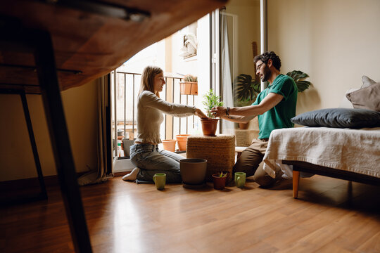 A man and a woman sit and talk while planting a plant in a pot