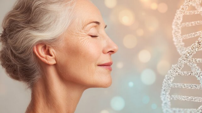 An elderly woman relaxes eyes closed in a calm atmosphere. A digital DNA strand overlays the scene showcasing a blend of nature and science during a tranquil moment.