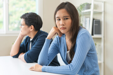 Breakup and depressed, asian young quarrel couple love fight relationship in trouble. Different people are emotion angry. Argue wife has expression, upset with husband. Problem of family people.