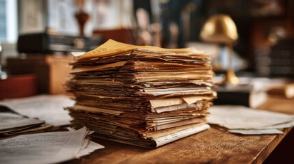 A cluttered wooden desk features a large pile of aged documents and papers. The warm light of dusk highlights the worn textures and nostalgic atmosphere of this vintage office space.