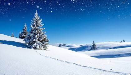 Fototapeta premium Winter wonderland landscape with snow-covered fir trees, pristine white hills, and a clear blue sky with falling snowflakes. Idyllic snowy forest scene.