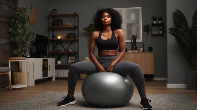 Athletic woman performing pelvic floor exercises on a fitball at home