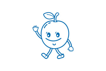 Blue cartoon style fruit character cheerfully waves hello while walking on a white background