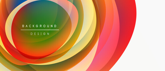 Abstract colorful layers create dynamic circular design. Bright hues blend, forming modern background element. Smooth gradients offer visual interest.