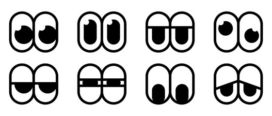 Set of simple flat cartoon eyes. A collection of black and white character expressions with various emotions like happy, sad, and bored for creating mascots or emoticons.
