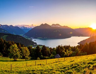 Scenic vista of a lake surrounded by mountains at sunset