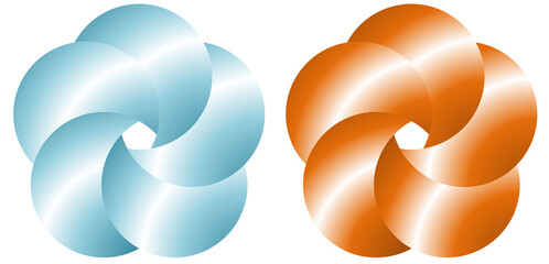 Dynamic Abstract Gradient Logos: Blue & Orange Interlocking Circular Designs with Central Pentagonal Aperture. Modern Graphic Elements for Connection, Growth & Tech.
