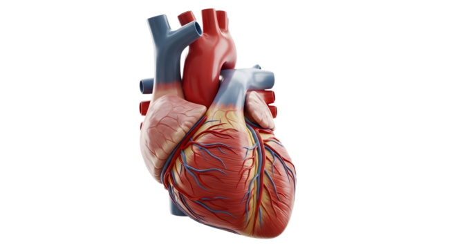 A detailed anatomical heart model on transparent background, png