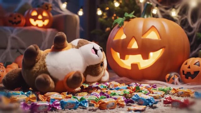 playful tanuki in a pumpkin suit revels among spilled candy wrappers in a bright cute animation moment full of sugary chaos and laughter