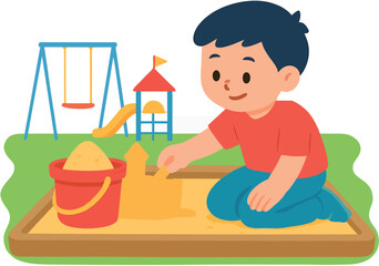 Cute boy playing with sand and building sandcastle in sandbox at playground illustration