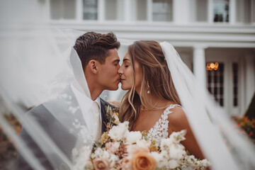 Photo of bride and groom kissing under a veil. Shot of newly married couple on the beach on their wedding day.