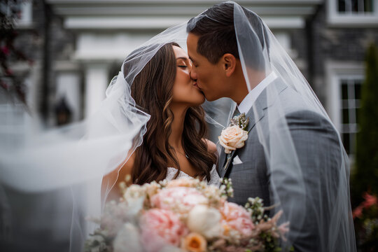 Photo of bride and groom kissing under a veil. Shot of newly married couple on the beach on their wedding day.