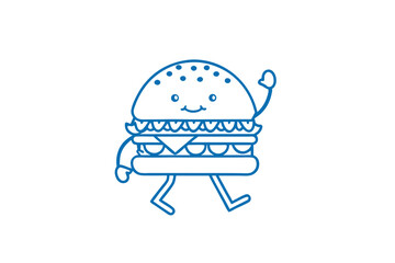 Cheerful burger with arms and legs is waving hello in a friendly manner
