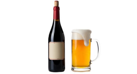 A bottle of wine and a glass of beer stand out on transparent background, png