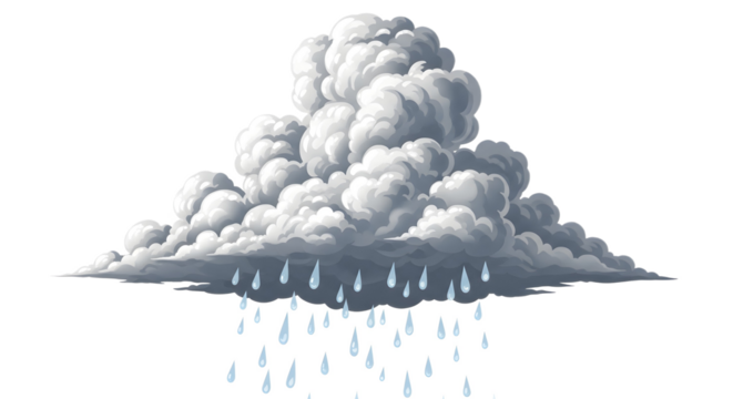 A cartoon cloud with rain falling down below it on transparent background, png
