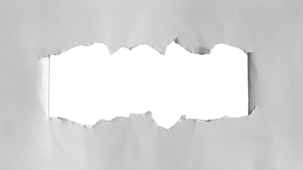 Horizontal light gray paper, revealing a smooth, transparent space in the center. Edges torn paper are rough and naturally ragged. Sections of paper peeled back and copy space