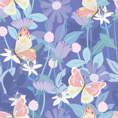 Beautiful butterfly in blue flower garden seamless background