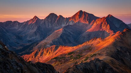 Naklejka premium The mountains are covered in a beautiful orange glow as the sun sets. The landscape is breathtaking and serene, with the mountains towering over the valley below